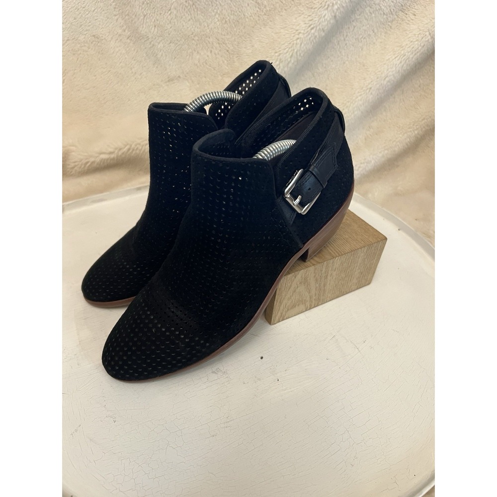 Sam Edelman Perforated Booties Women's 7 Black Suede Heeled Buckle Boots Paula
